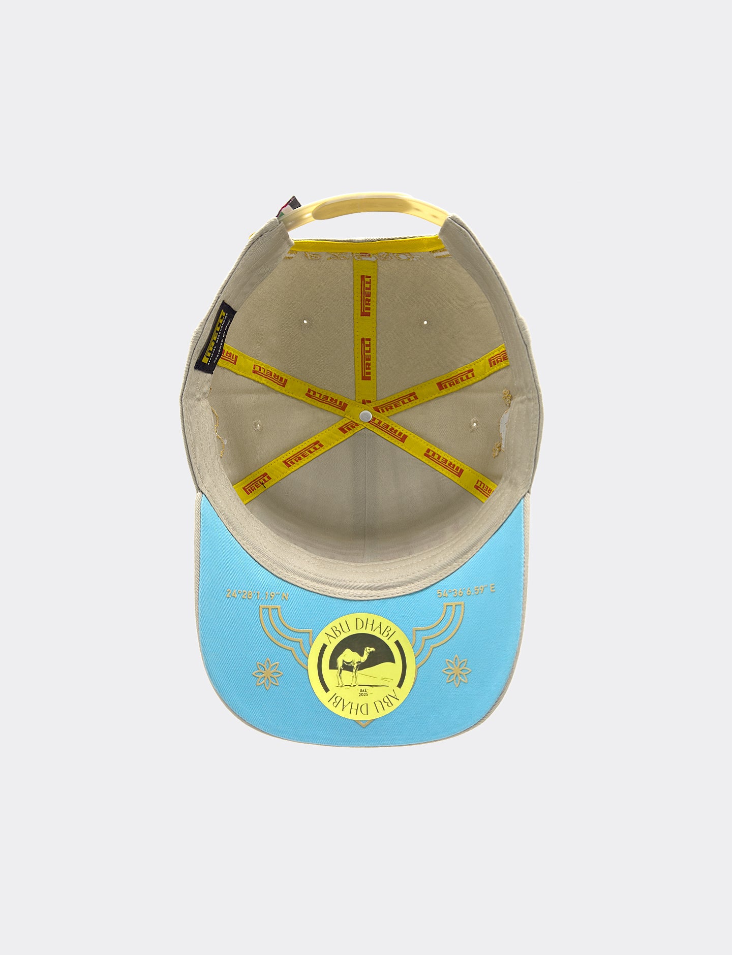 Baseball cap with blue front and beige back on a white background