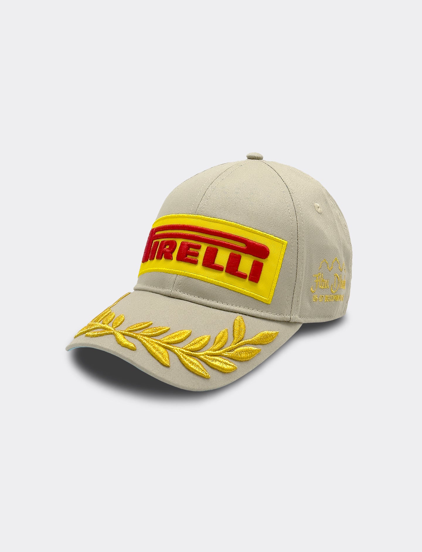Beige cap with Pirelli logo on a white background