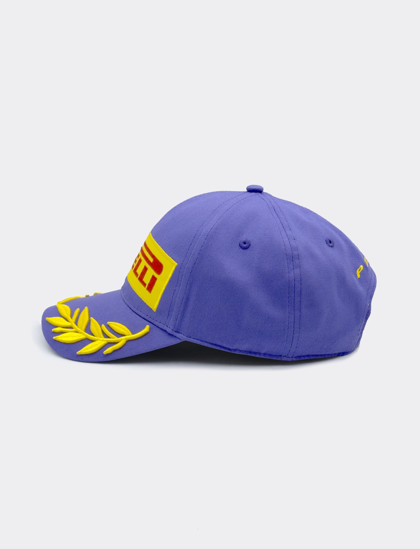 Purple cap with yellow logo and leaf design on a white background