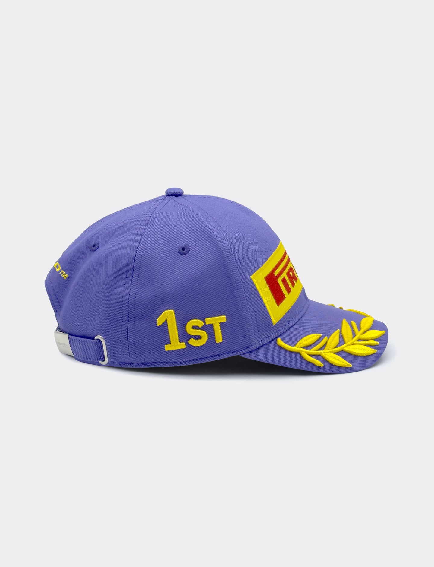Purple cap with yellow details and laurel wreath on a white background