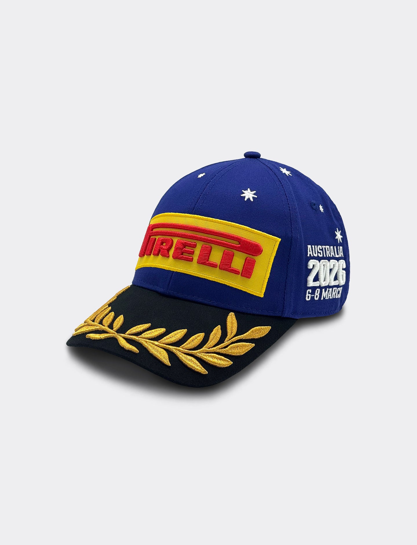 Blue cap with Pirelli logo and racing details on a white background