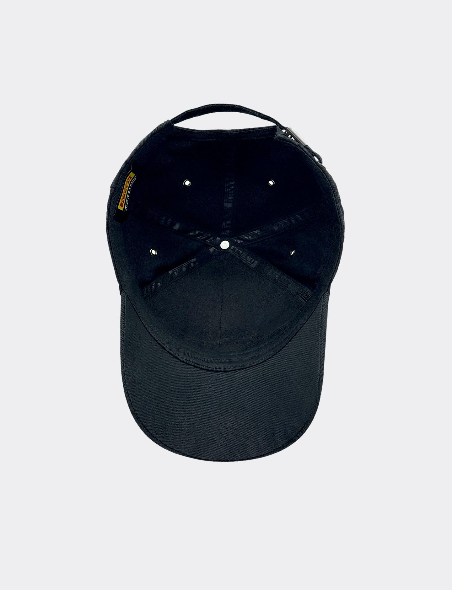 Black Pirelli cap on a light gray background