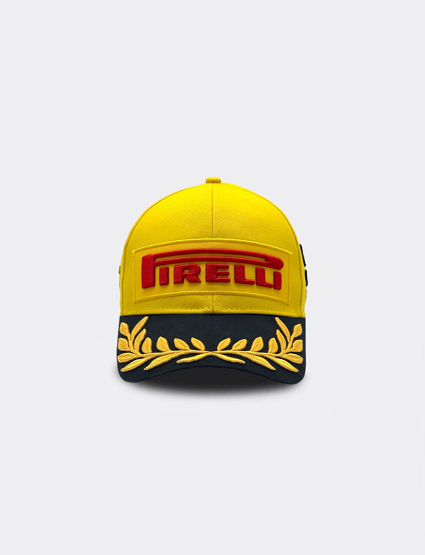 Yellow Pirelli Podium cap with Pirelli logo on a white background