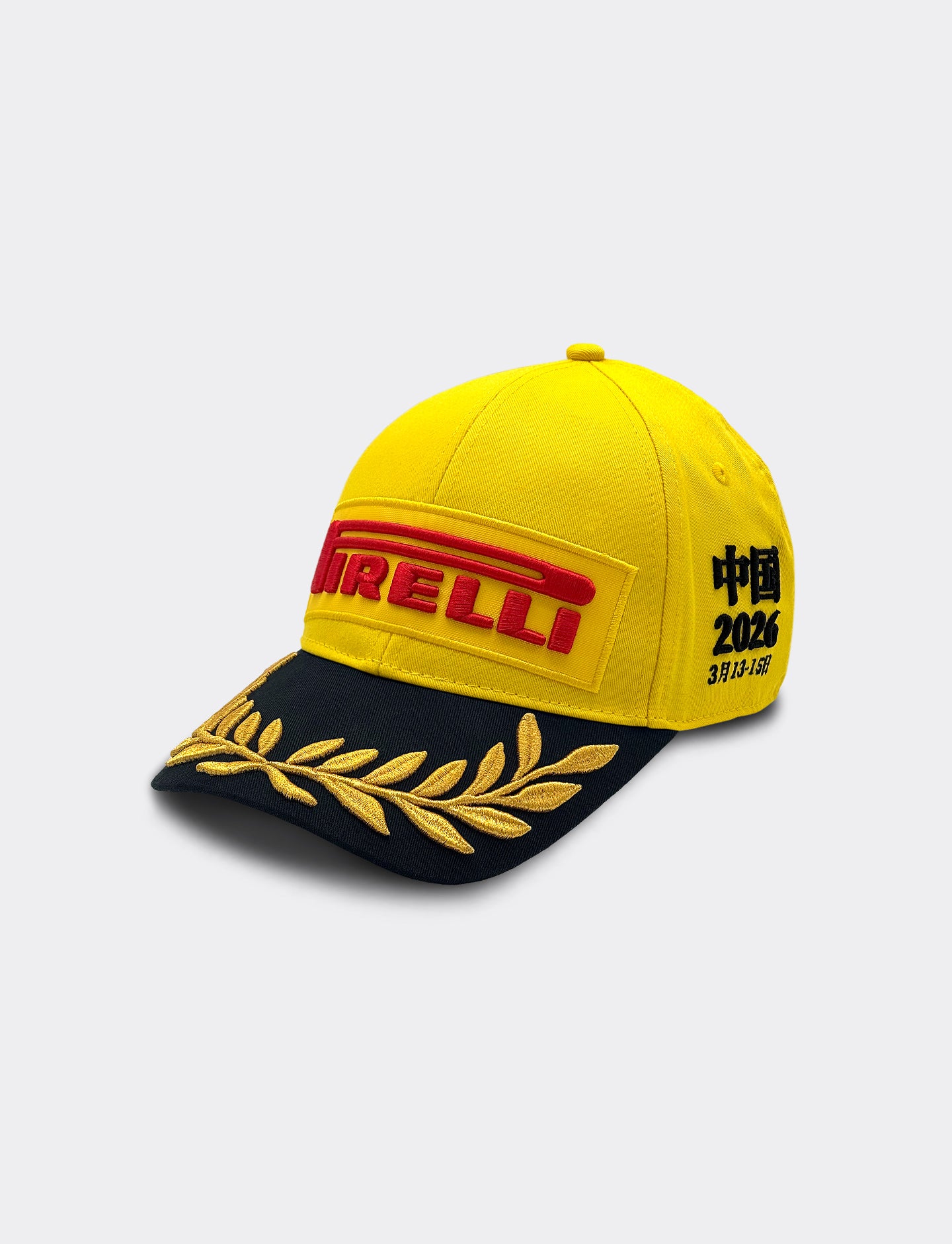 Yellow Pirelli Podium Cap on a light gray background