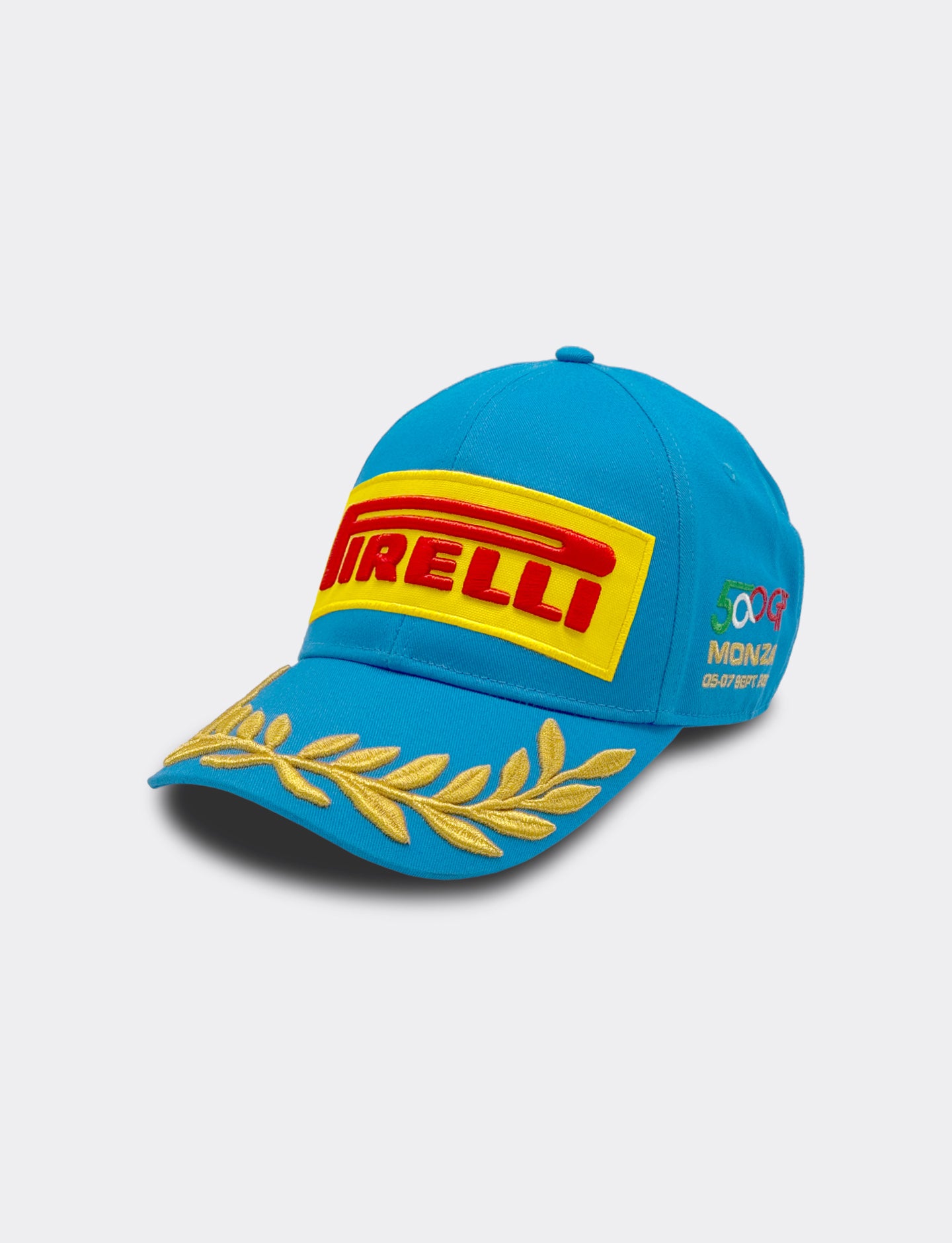 Blue cap with Pirelli logo on a white background