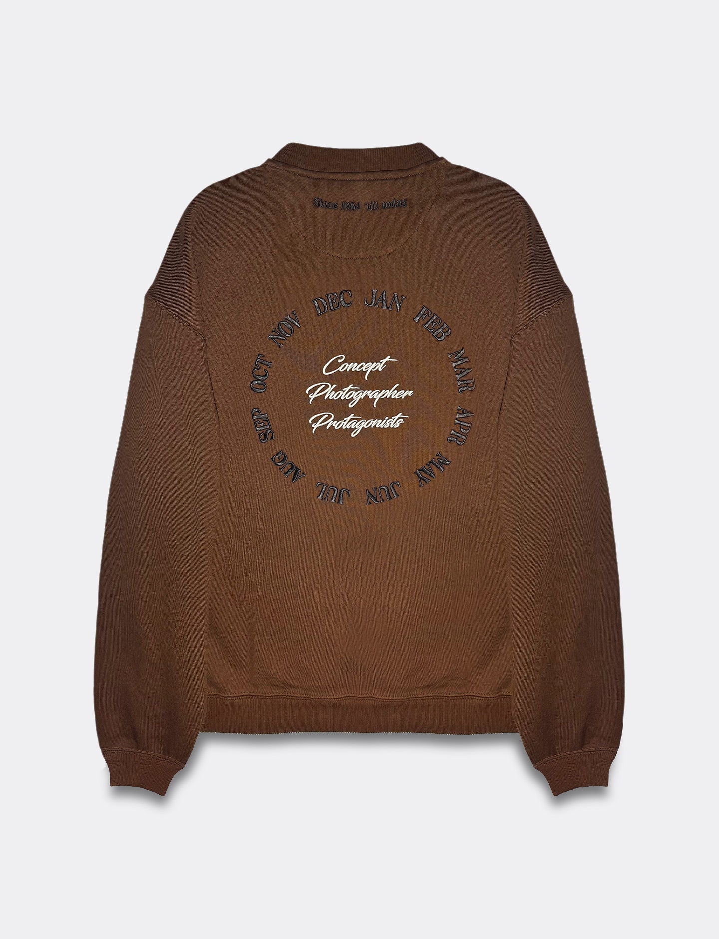 Brown sweatshirt with text design on the back against a white background