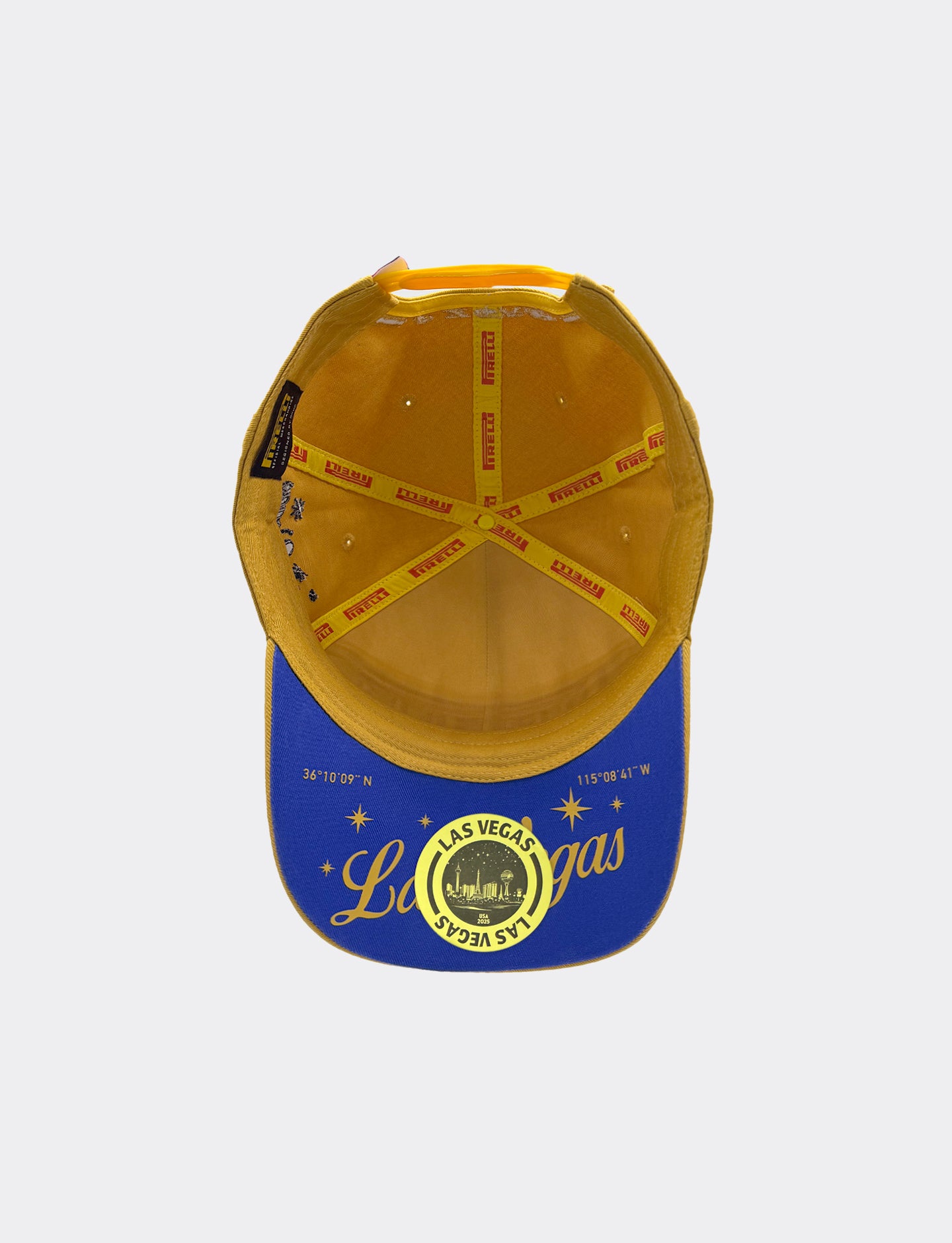 bottom shot of gold Pirelli cap